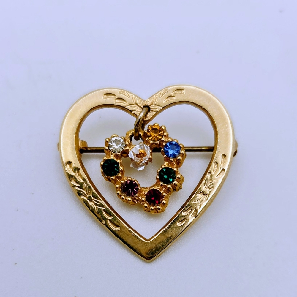 Vintage Gold Heart Brooch with Multicolor Gemstones